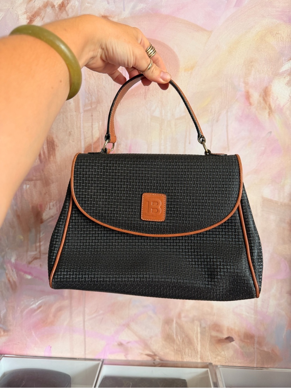 Black Top-Handle Tote with Tan Trim - B Embossed Accent